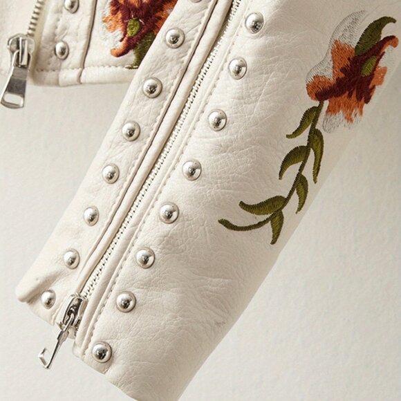 Women Floral Embroidered Moto PU Leather Jacket Coat - Picture 6 of 7